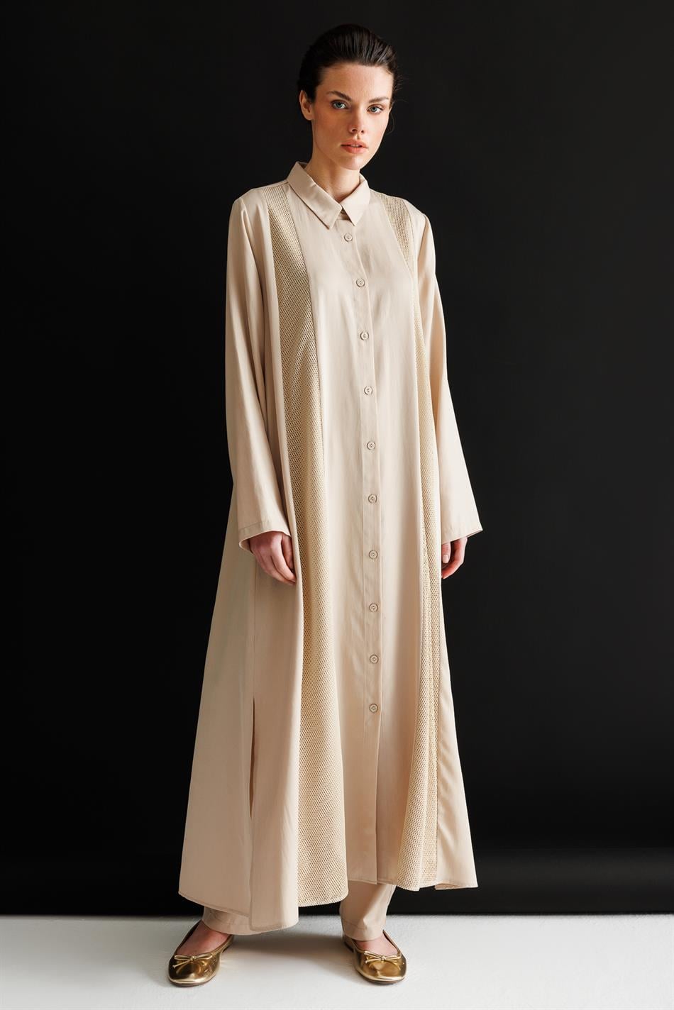 %100 Doğal LyoCEL Dökümlü Soft Hissiyat File Garni Aller Pelerin Maxi Tunik-Taş