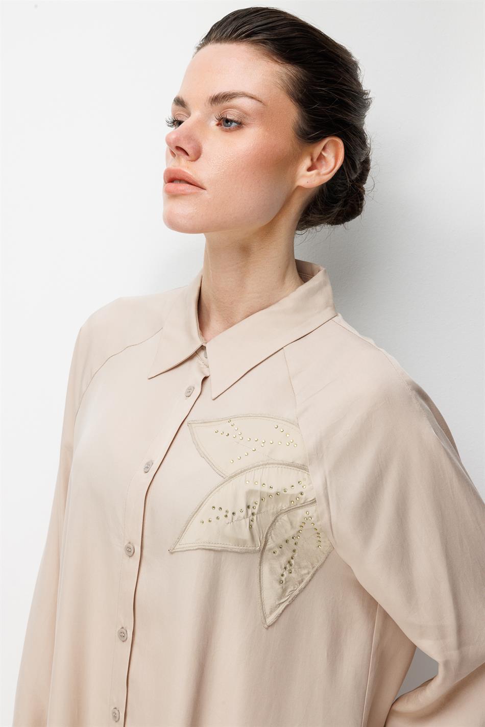 100% natuurlijke LyoCEL soepelvallende broekenset met bloemenborduurwerk en steendetails - Steen