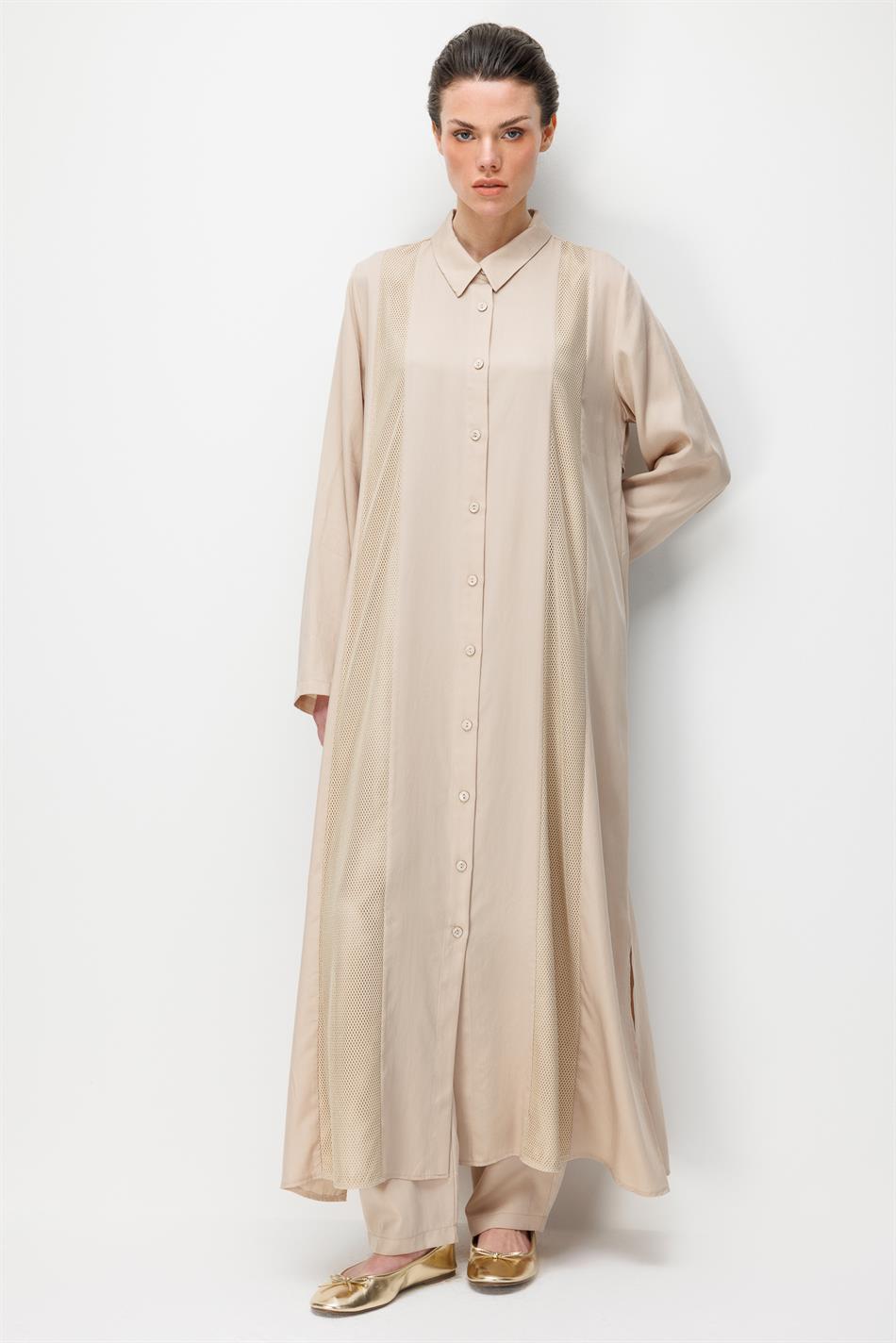 %100 Doğal LyoCEL Dökümlü Soft Hissiyat File Garni Aller Pelerin Maxi Tunik-Taş