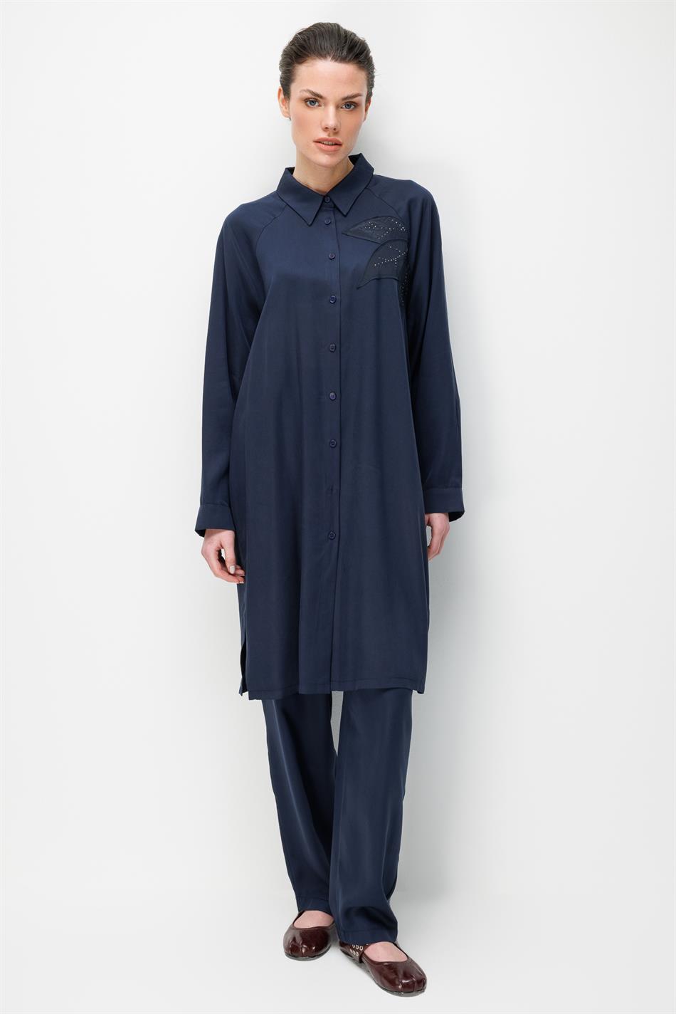 %100 Doğal LyoCEL Dökümlü Soft Hissiyat Flora Nakış ve Taş Detaylı Pantalon Kombin Takım-Laci