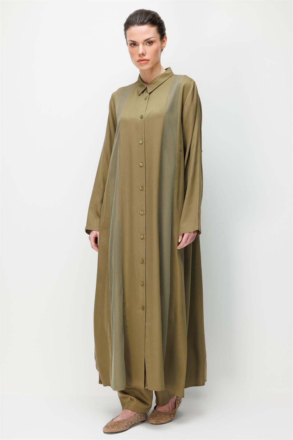 %100 Doğal LyoCEL Dökümlü Soft Hissiyat File Garni Aller Pelerin Maxi Tunik-Haki