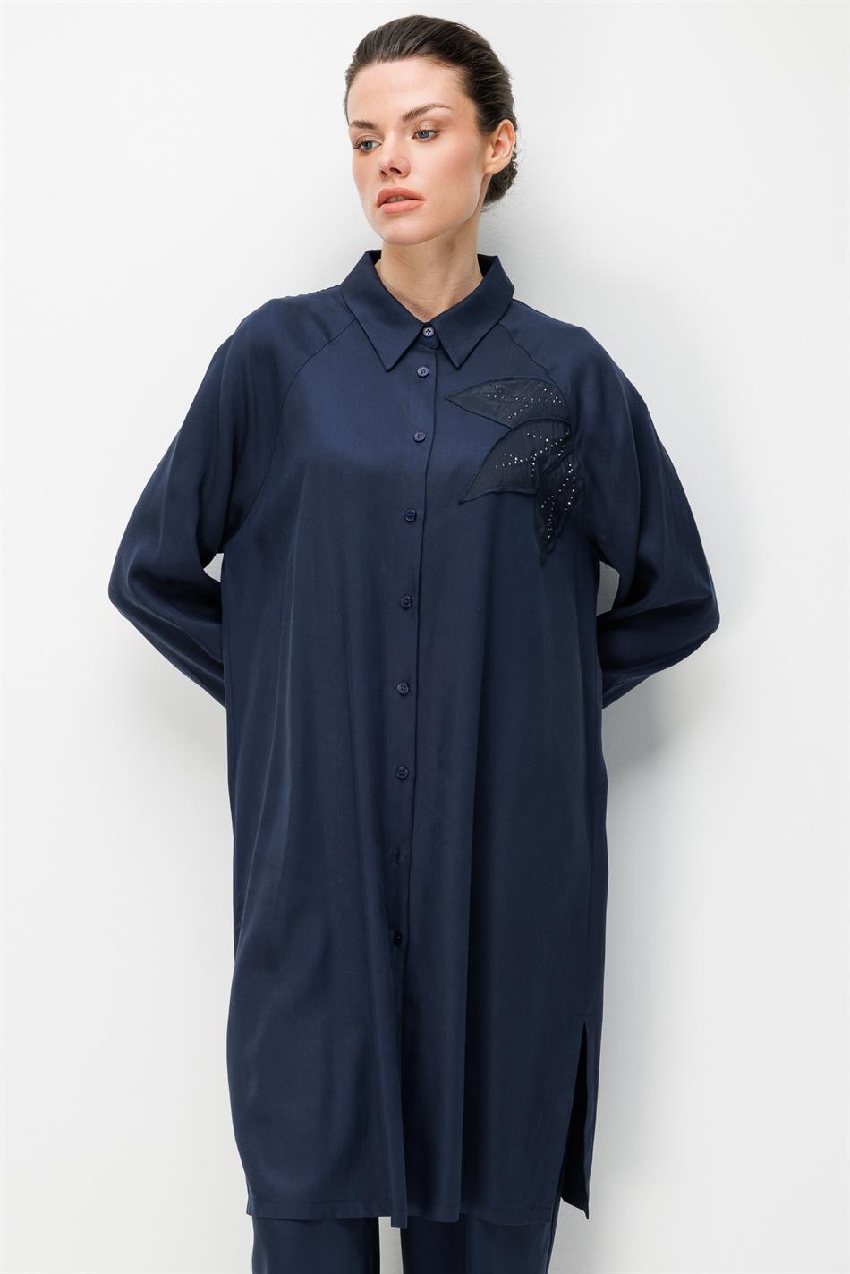 %100 Doğal LyoCEL Dökümlü Soft Hissiyat Flora Nakış ve Taş Detaylı Pantalon Kombin Takım-Laci