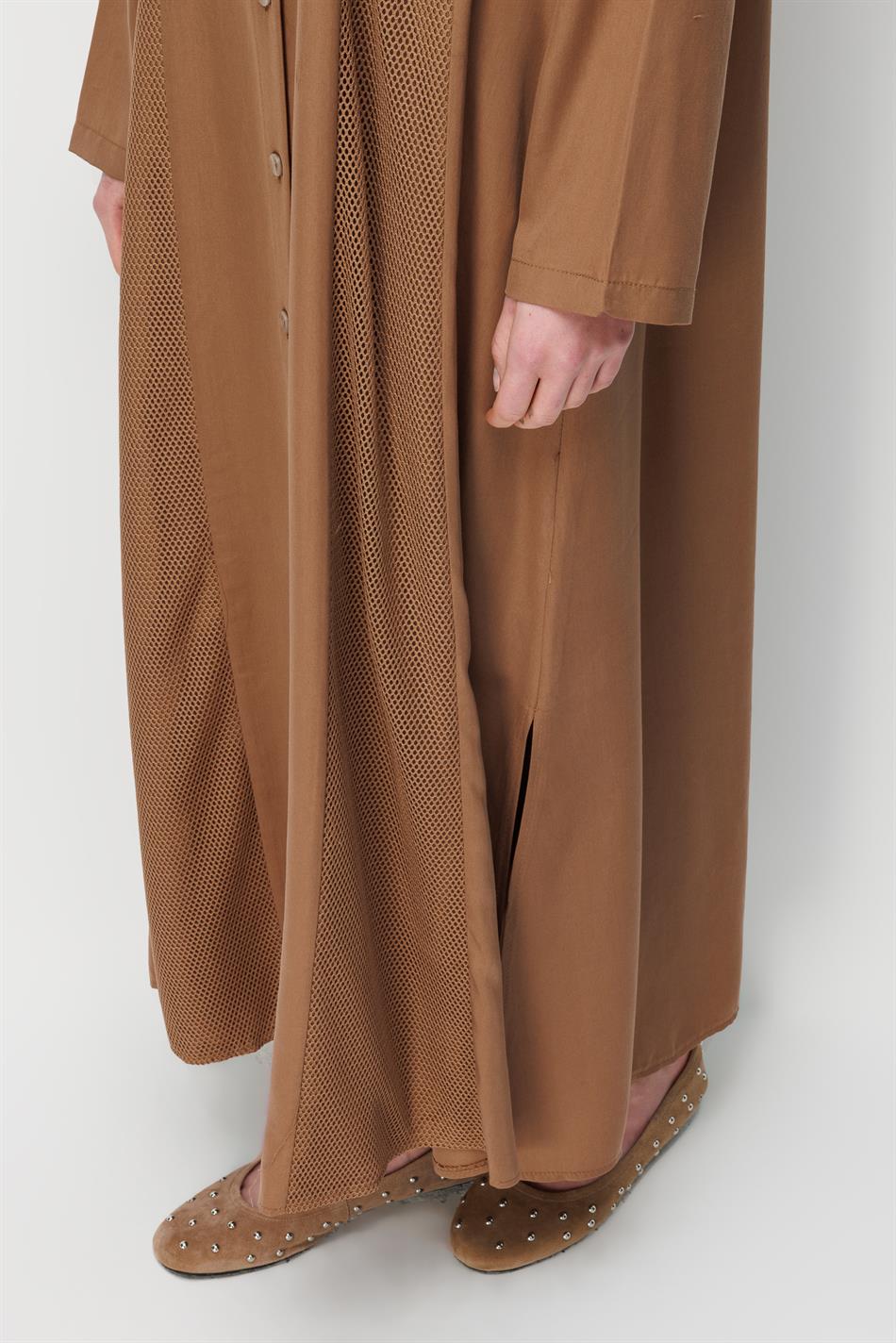 %100 Doğal LyoCEL Dökümlü Soft Hissiyat File Garni Aller Pelerin Maxi Tunik-Kahve