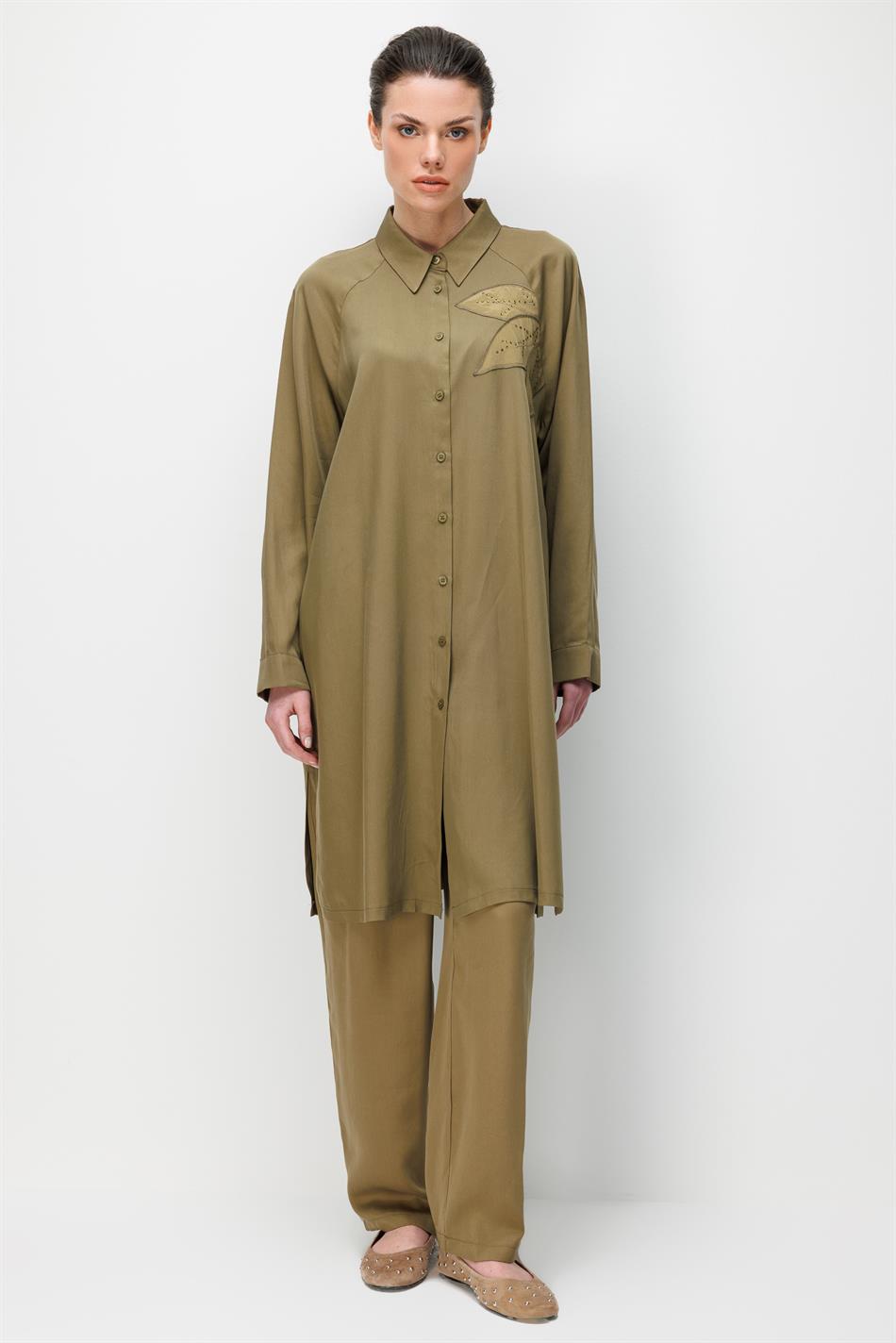 %100 Doğal LyoCEL Dökümlü Soft Hissiyat Flora Nakış ve Taş Detaylı Pantalon Kombin Takım-Haki