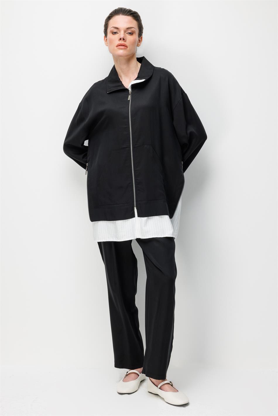 100% natuurlijke LyoCEL gedrapeerde, zachte broek met marineblauwe bies en bijpassende maxi-tuniek - Zwart