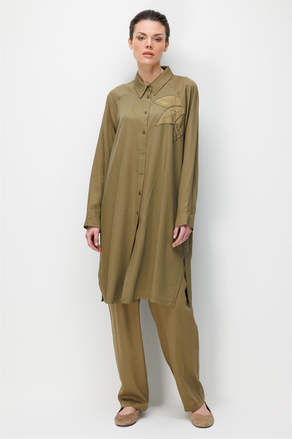 %100 Doğal LyoCEL Dökümlü Soft Hissiyat Flora Nakış ve Taş Detaylı Pantalon Kombin Takım-Haki