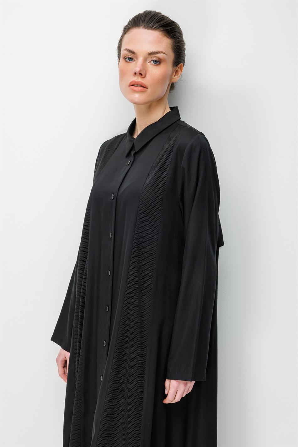 100% natuurlijke LyoCEL gedrapeerde, zachte mesh-versiering, cape/maxi-tuniek - zwart