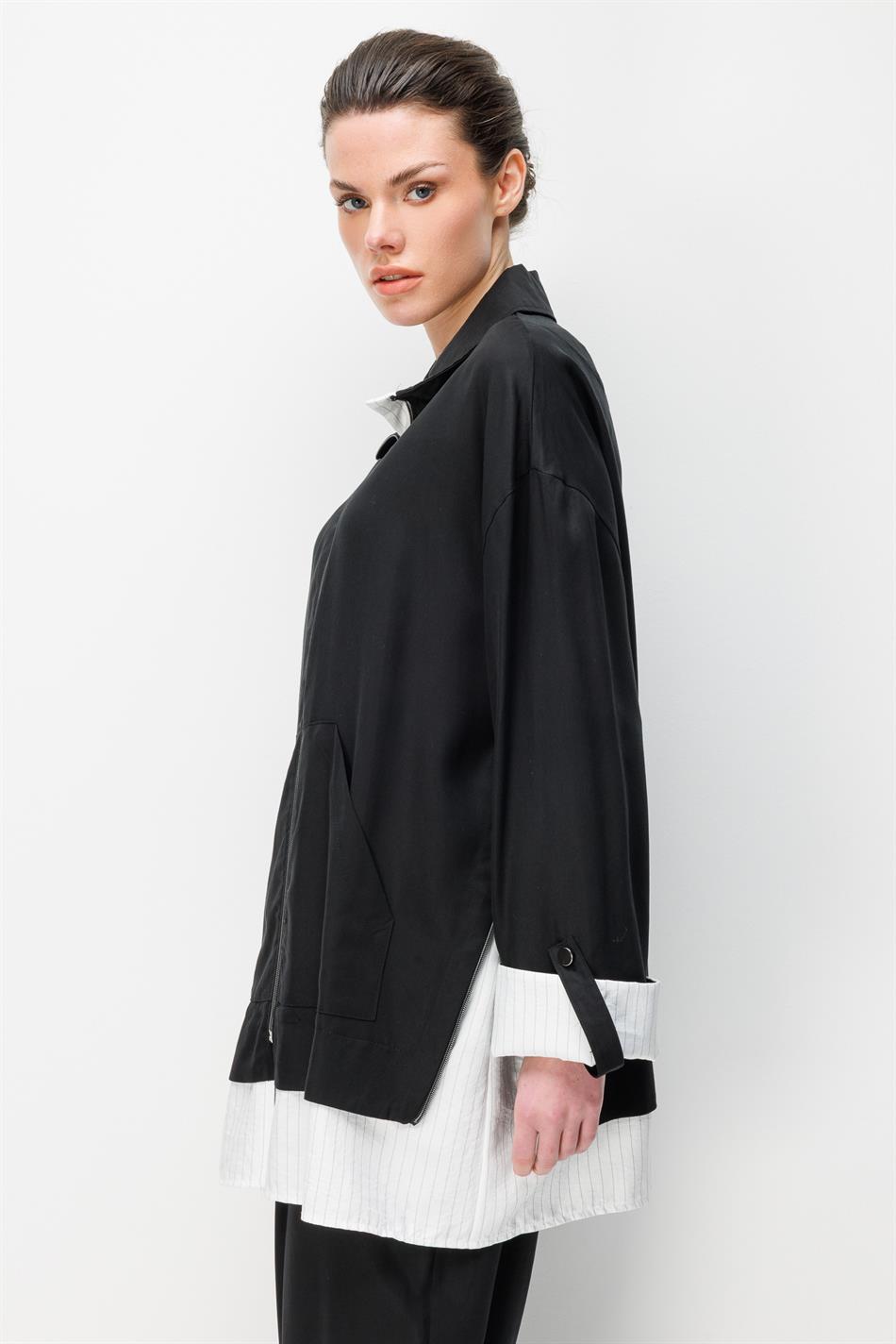 100% natuurlijke LyoCEL gedrapeerde, zachte broek met marineblauwe bies en bijpassende maxi-tuniek - Zwart