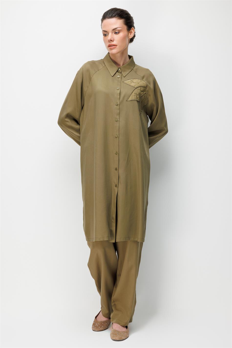 %100 Doğal LyoCEL Dökümlü Soft Hissiyat Flora Nakış ve Taş Detaylı Pantalon Kombin Takım-Haki