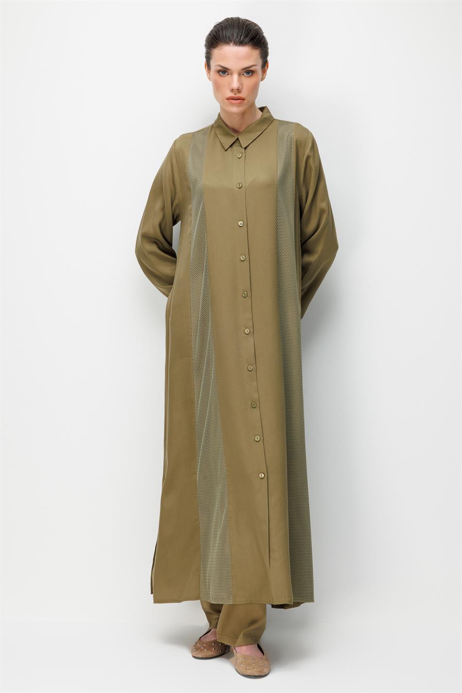 %100 Doğal LyoCEL Dökümlü Soft Hissiyat File Garni Aller Pelerin Maxi Tunik-Haki