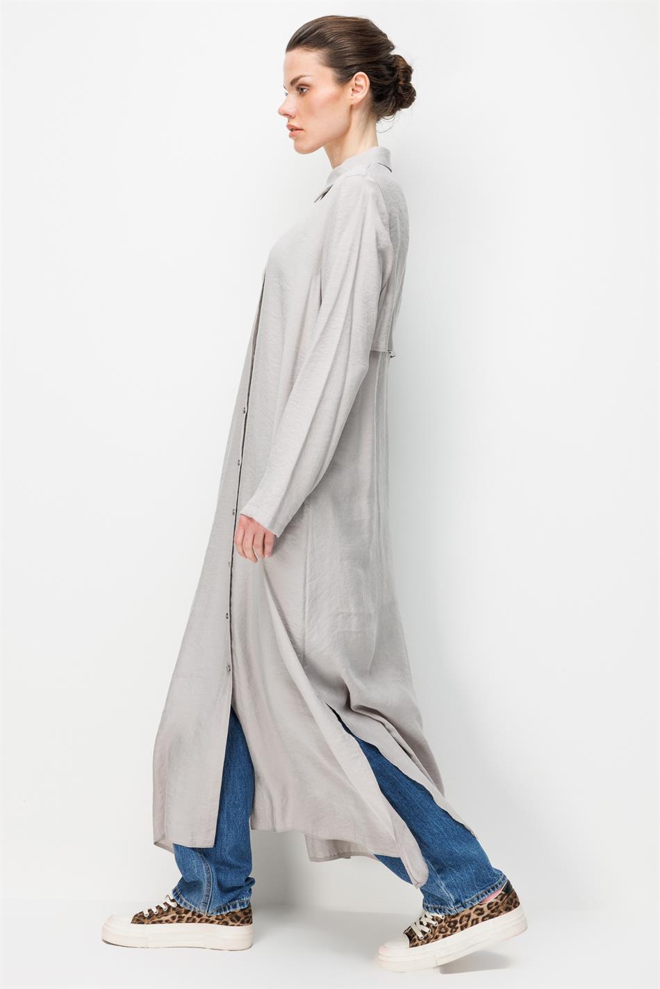 %100 Doğal LyoCEL Dökümlü Soft Hissiyat Aller Arka Pelerin Maxi Tunik-Gri