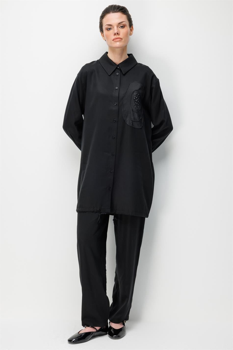 %100 Doğal LyoCEL Dökümlü Soft Hissiyat Rose Nakış ve Ta İşleme Pantolon ve Maxi Tunik Kombin Takım-Siyah