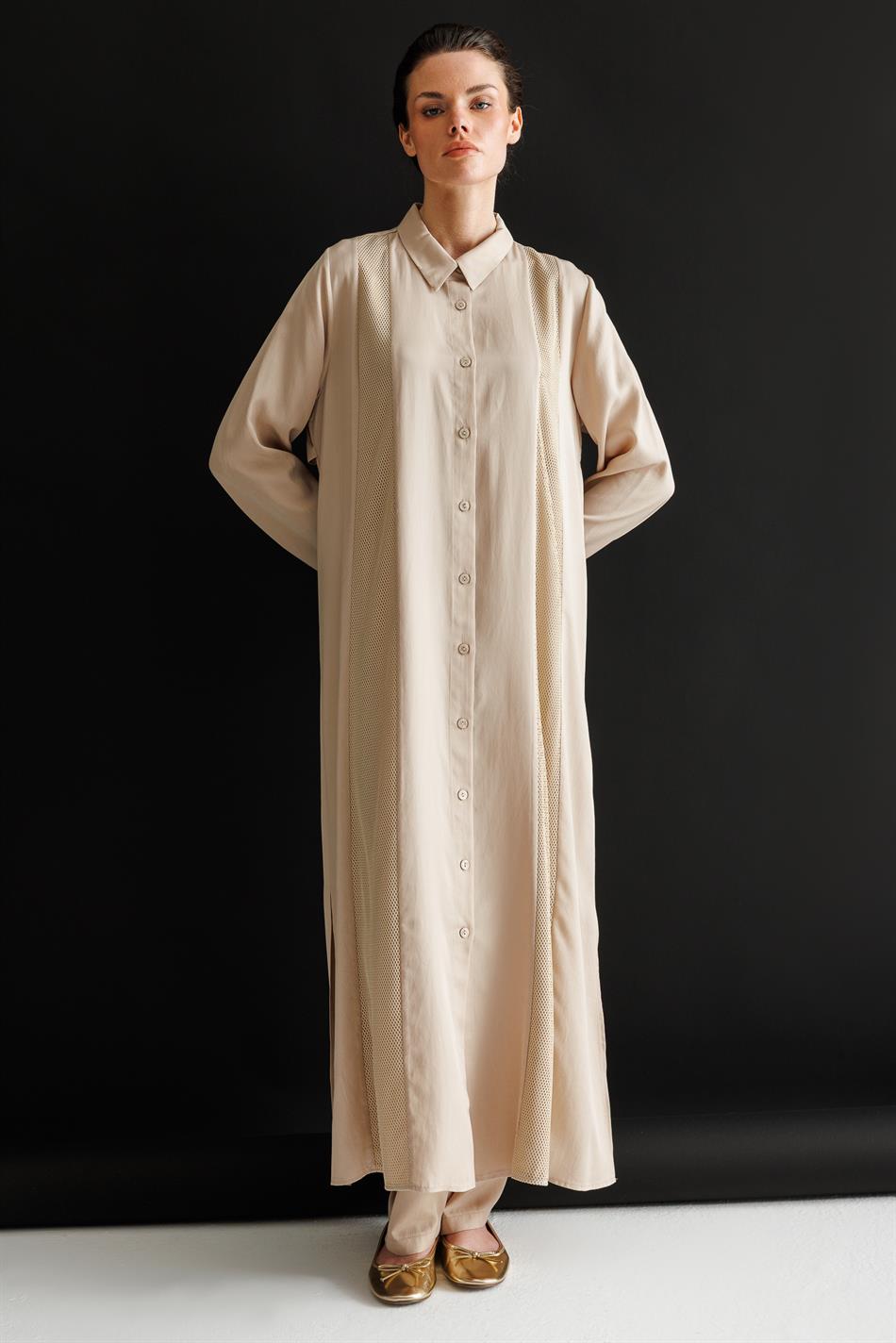 %100 Doğal LyoCEL Dökümlü Soft Hissiyat File Garni Aller Pelerin Maxi Tunik-Taş