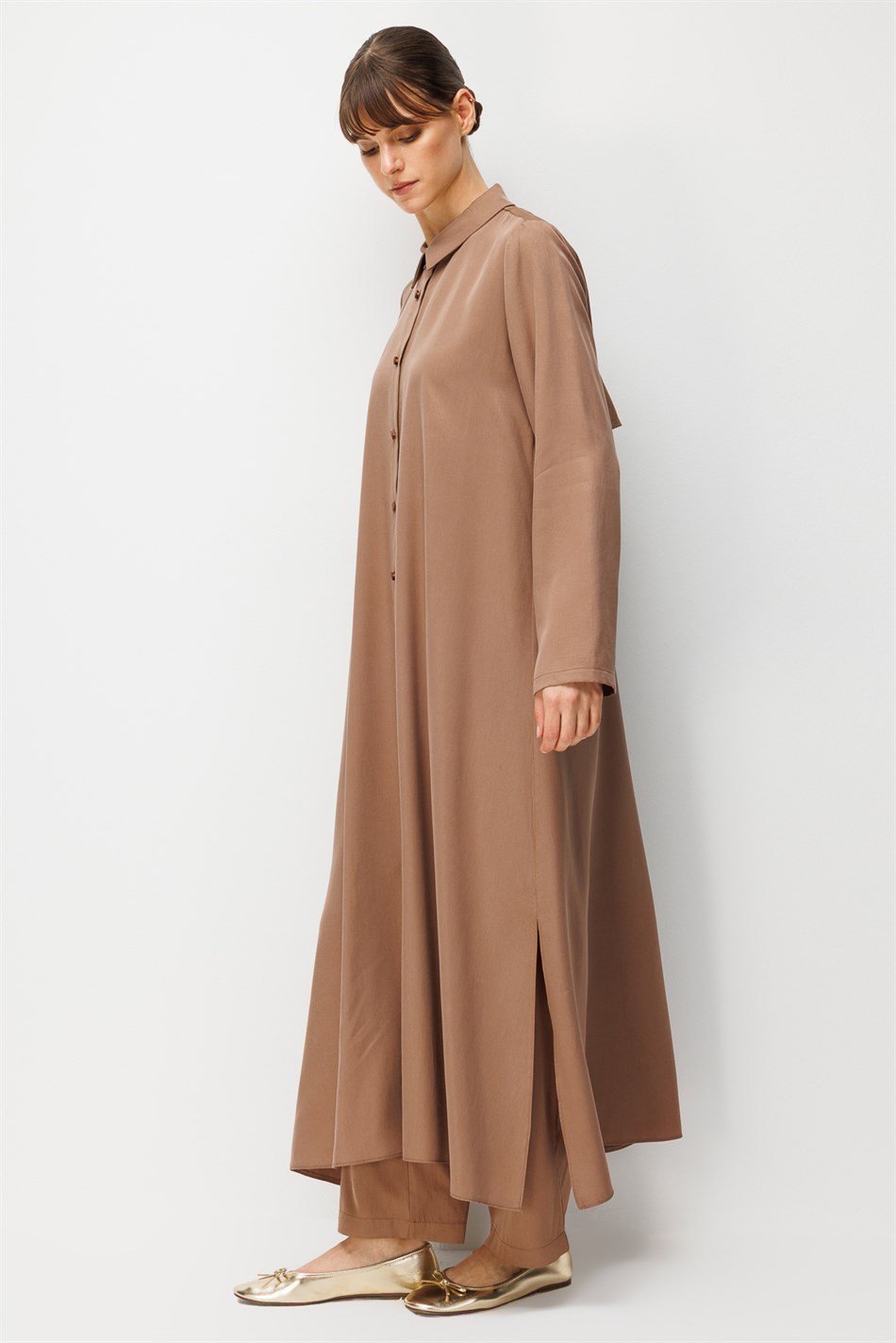 %100 Doğal LyoCEL Dökümlü Soft Hissiyat Aller Arka Pelerin Maxi Tunik-Kahve