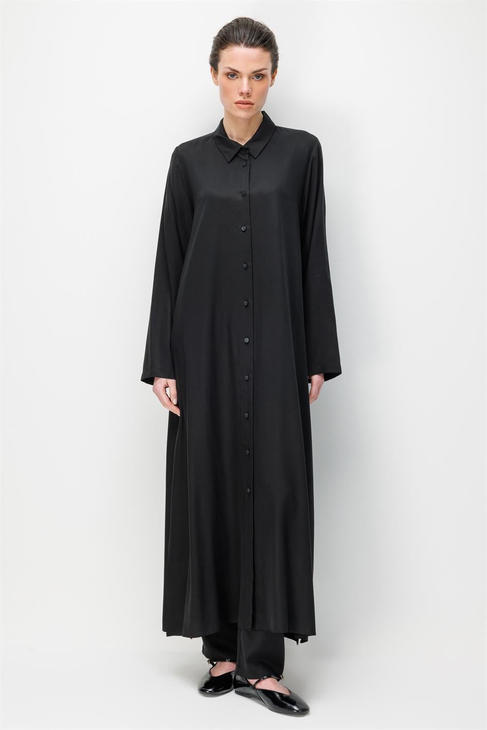 %100 Doğal LyoCEL Dökümlü Soft Hissiyat Aller Arka Pelerin Maxi Tunik-Siyah