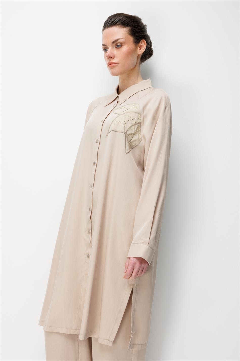 100% natuurlijke LyoCEL soepelvallende broekenset met bloemenborduurwerk en steendetails - Steen