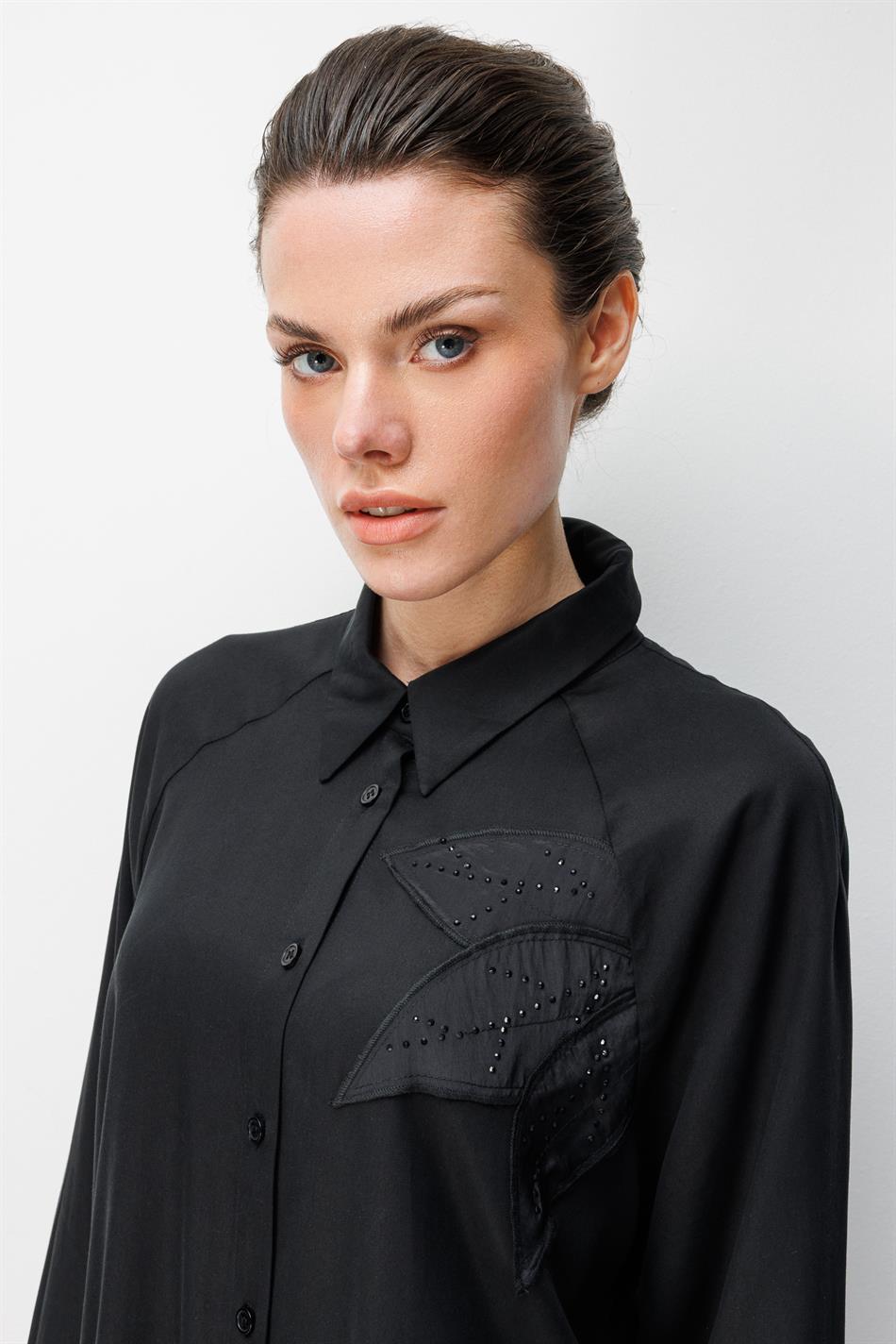 100% natuurlijke LyoCEL gedrapeerde, zachte broekenset met geborduurde bloemen en steentjes - zwart