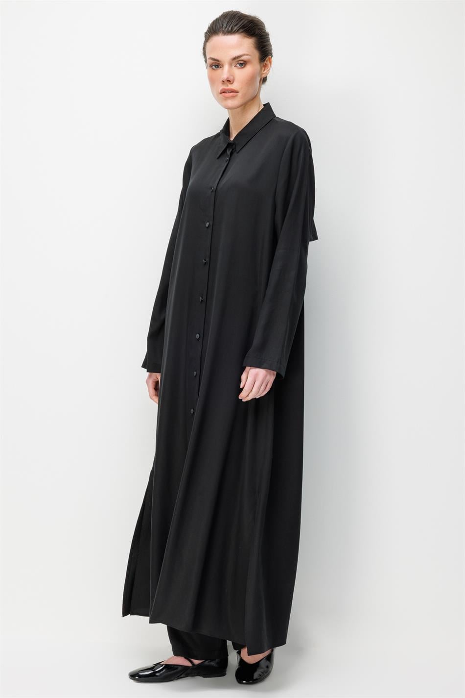 %100 Doğal LyoCEL Dökümlü Soft Hissiyat Aller Arka Pelerin Maxi Tunik-Siyah