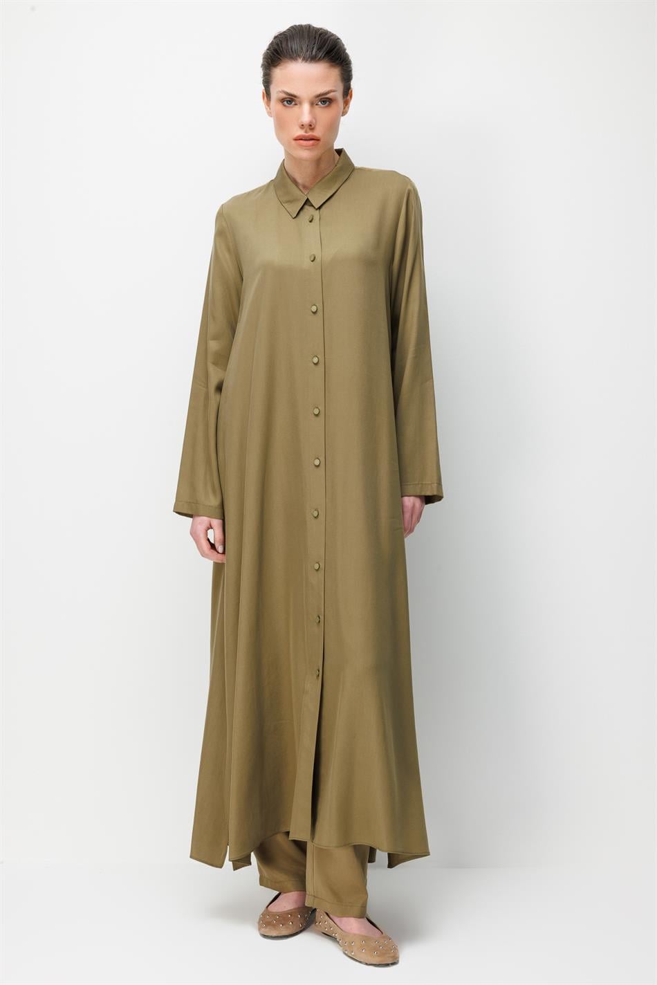 %100 Doğal LyoCEL Dökümlü Soft Hissiyat Aller Arka Pelerin Maxi Tunik-Haki