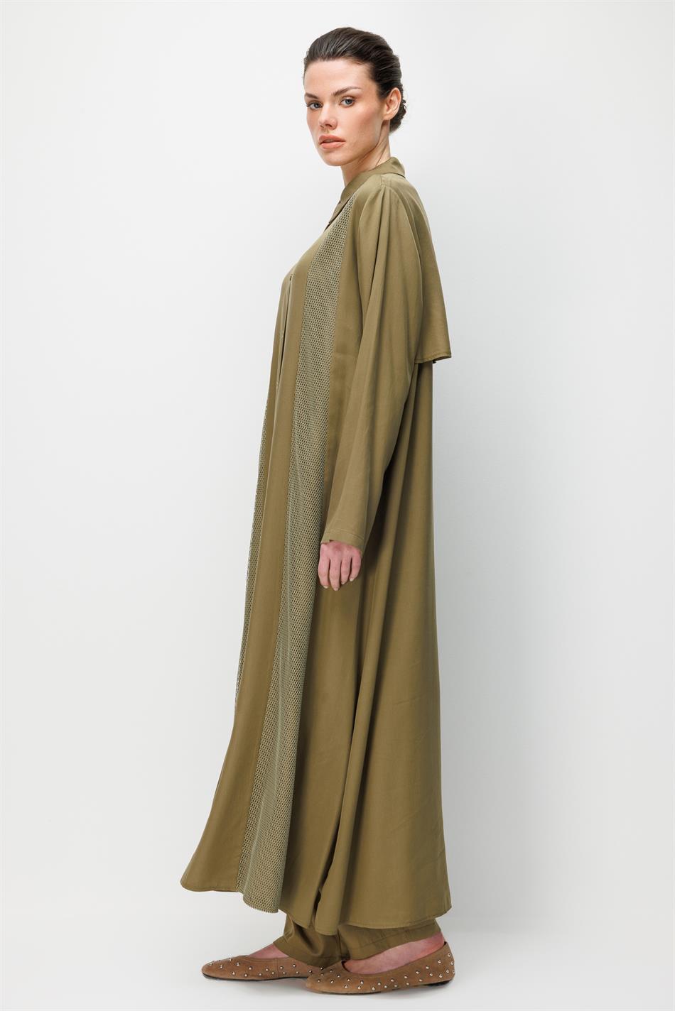 %100 Doğal LyoCEL Dökümlü Soft Hissiyat File Garni Aller Pelerin Maxi Tunik-Haki