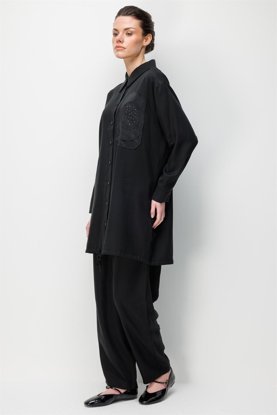 %100 Doğal LyoCEL Dökümlü Soft Hissiyat Rose Nakış ve Ta İşleme Pantolon ve Maxi Tunik Kombin Takım-Siyah