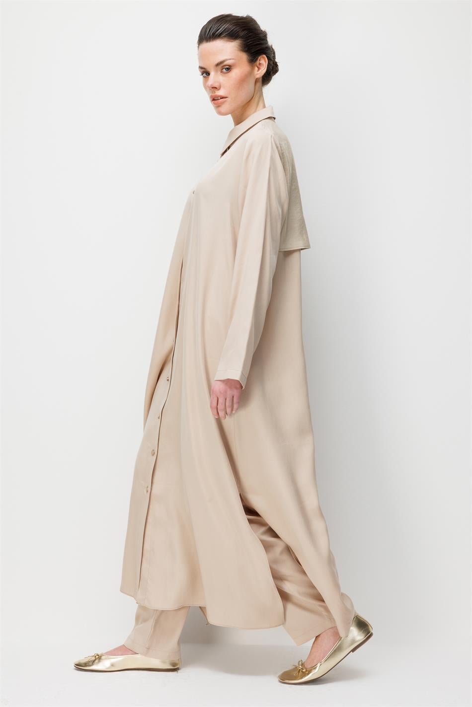 %100 Doğal LyoCEL Dökümlü Soft Hissiyat Aller Arka Pelerin Maxi Tunik-Taş