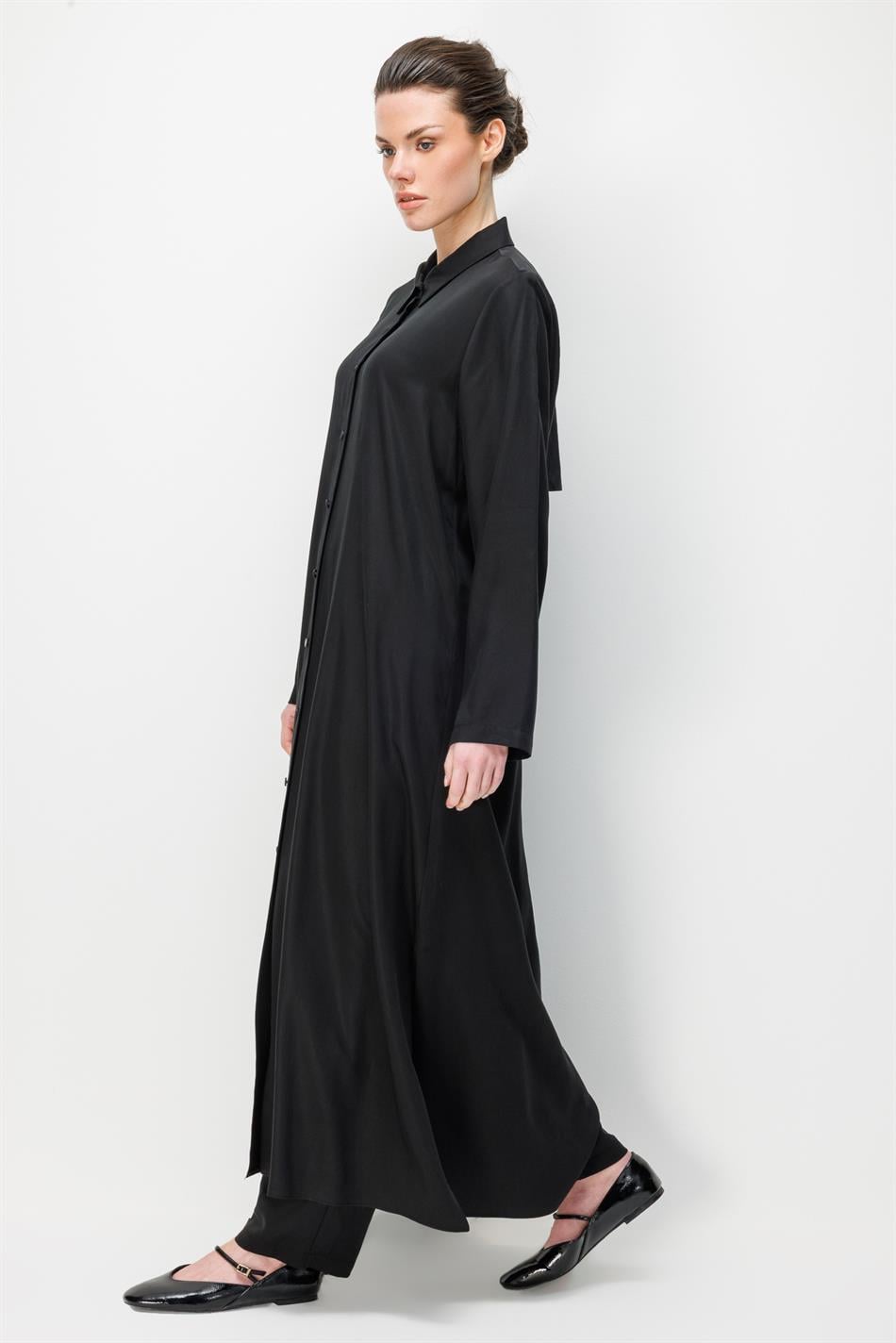 %100 Doğal LyoCEL Dökümlü Soft Hissiyat Aller Arka Pelerin Maxi Tunik-Siyah