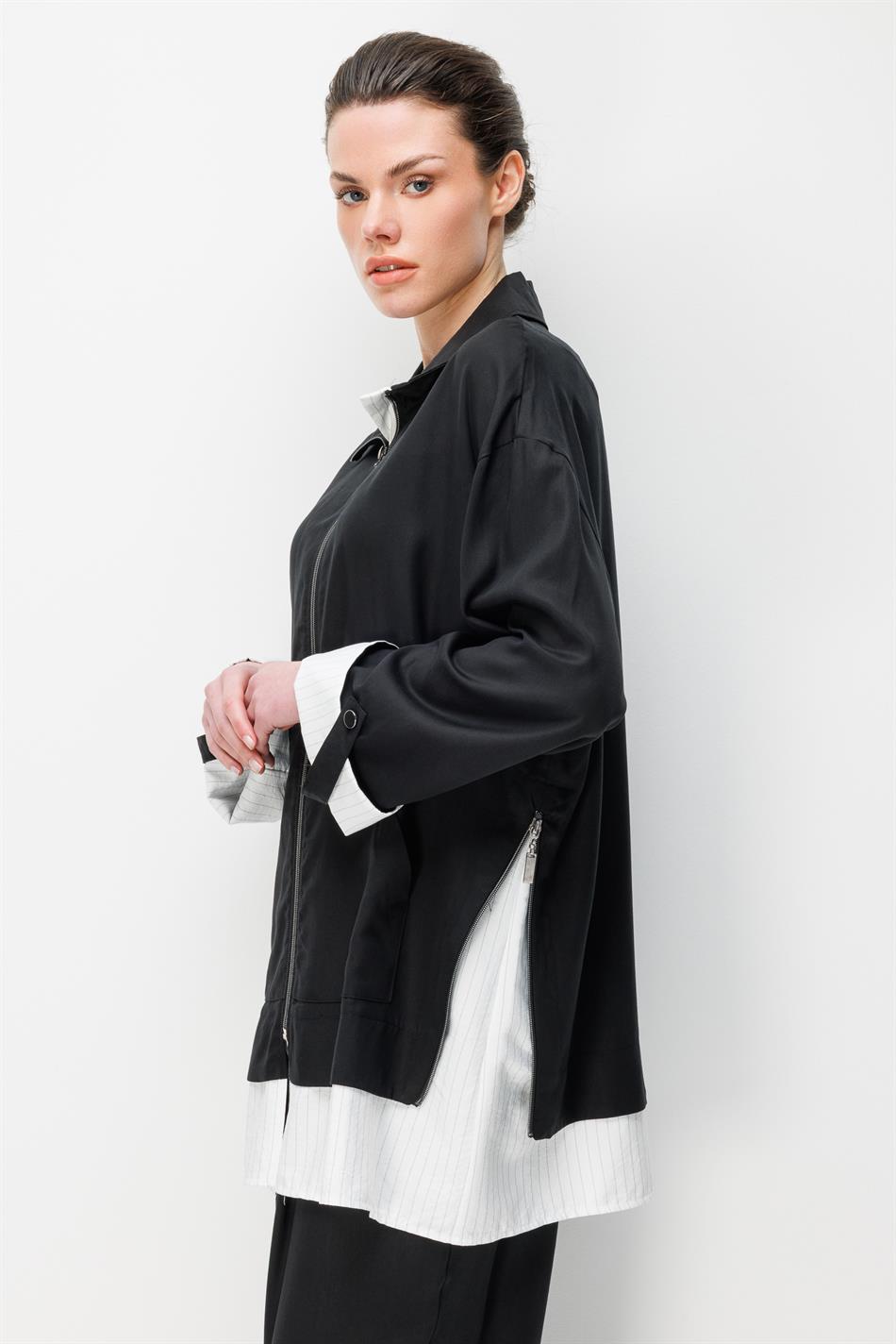 100% natuurlijke LyoCEL gedrapeerde, zachte broek met marineblauwe bies en bijpassende maxi-tuniek - Zwart