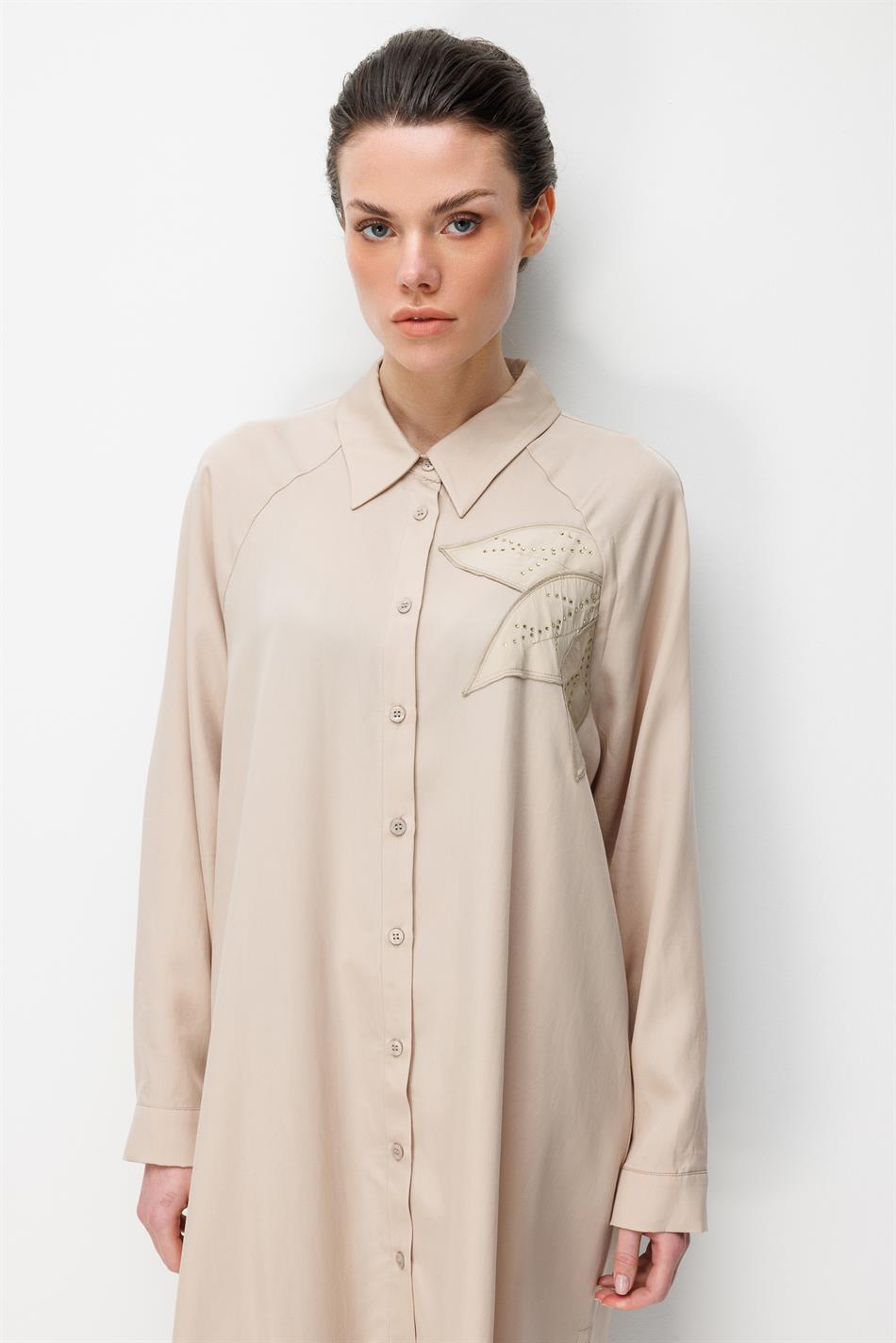 100% natuurlijke LyoCEL soepelvallende broekenset met bloemenborduurwerk en steendetails - Steen