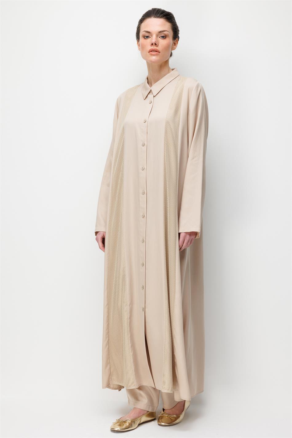 %100 Doğal LyoCEL Dökümlü Soft Hissiyat File Garni Aller Pelerin Maxi Tunik-Taş