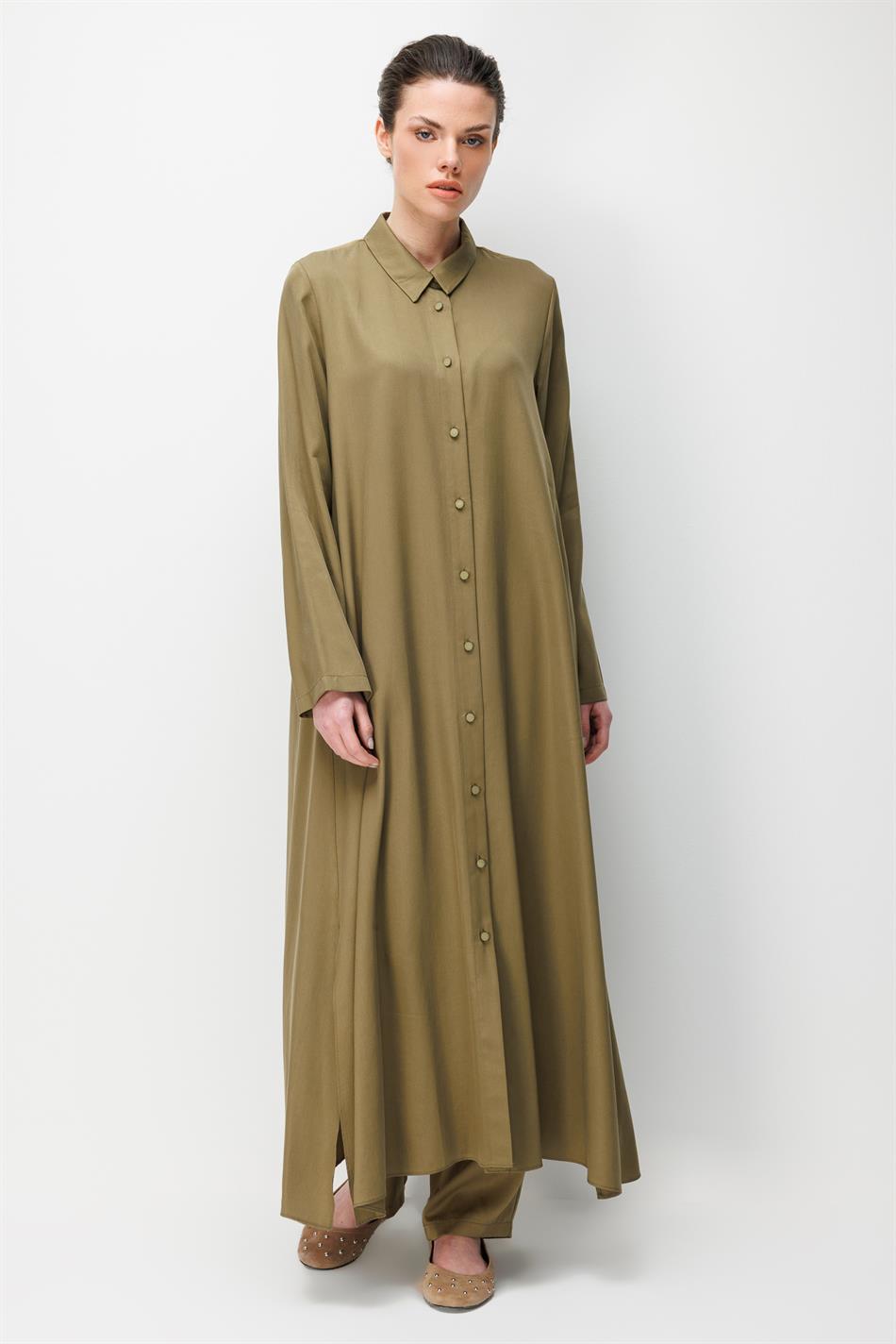 %100 Doğal LyoCEL Dökümlü Soft Hissiyat Aller Arka Pelerin Maxi Tunik-Haki