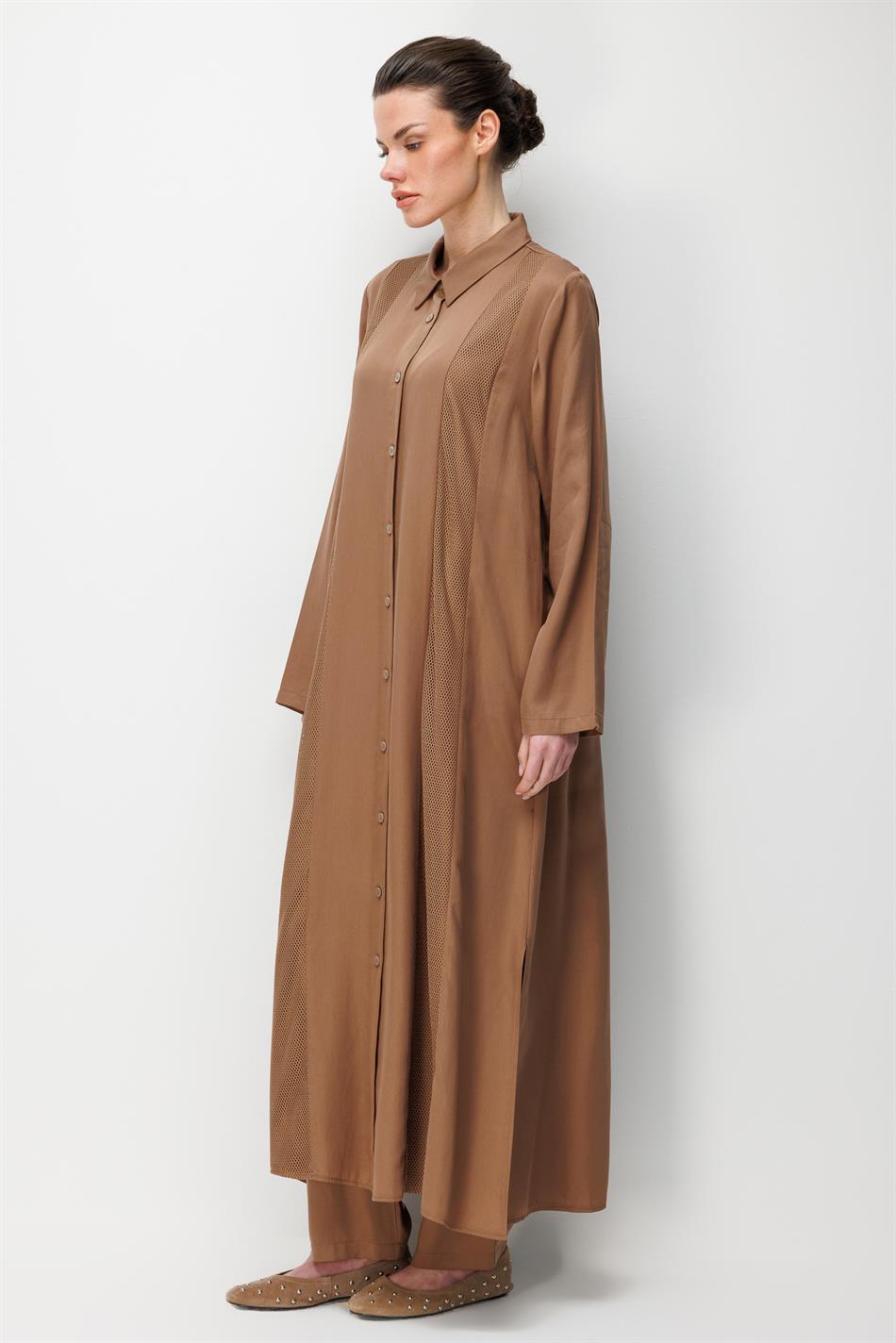 %100 Doğal LyoCEL Dökümlü Soft Hissiyat File Garni Aller Pelerin Maxi Tunik-Kahve