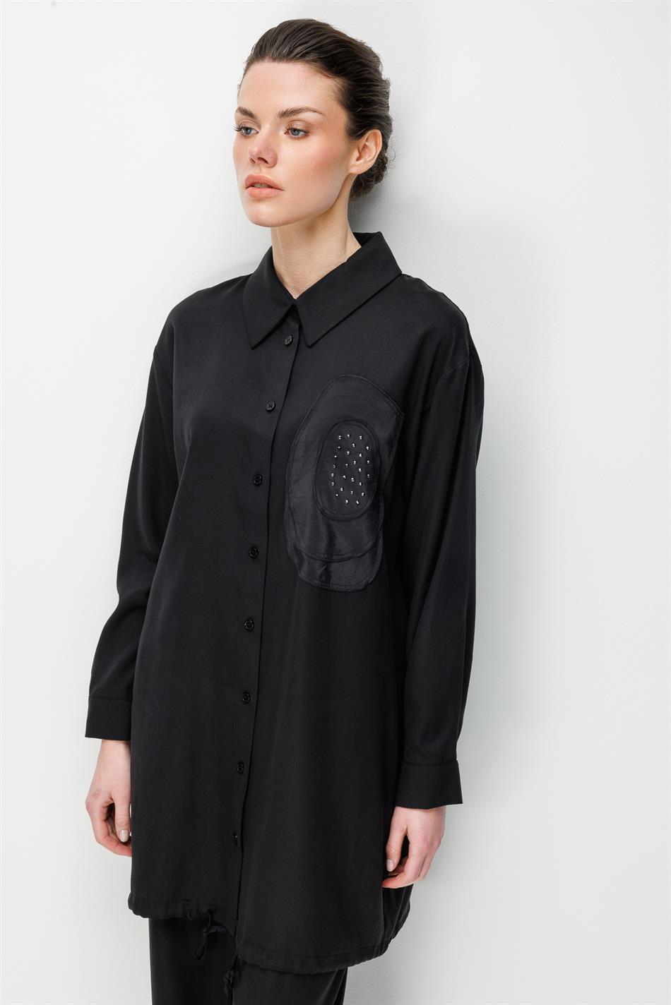 %100 Doğal LyoCEL Dökümlü Soft Hissiyat Rose Nakış ve Ta İşleme Pantolon ve Maxi Tunik Kombin Takım-Siyah