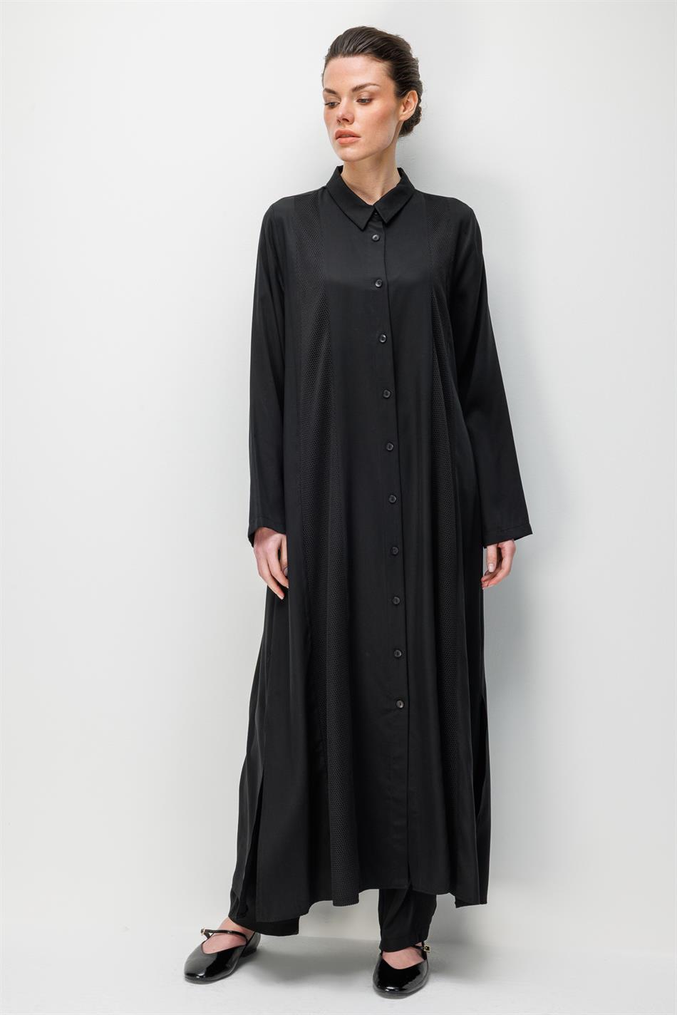 100% natuurlijke LyoCEL gedrapeerde, zachte mesh-versiering, cape/maxi-tuniek - zwart