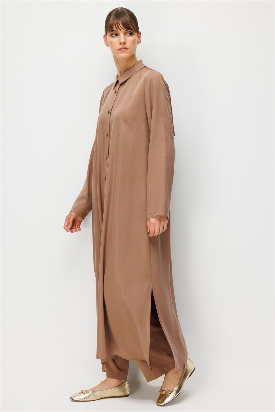 %100 Doğal LyoCEL Dökümlü Soft Hissiyat Aller Arka Pelerin Maxi Tunik-Kahve