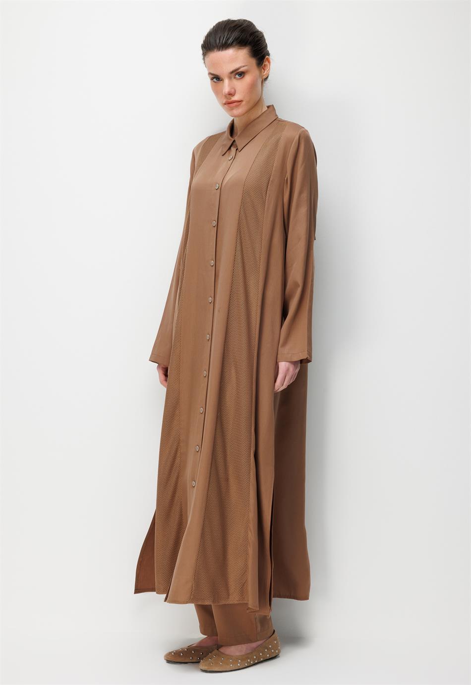 %100 Doğal LyoCEL Dökümlü Soft Hissiyat File Garni Aller Pelerin Maxi Tunik-Kahve