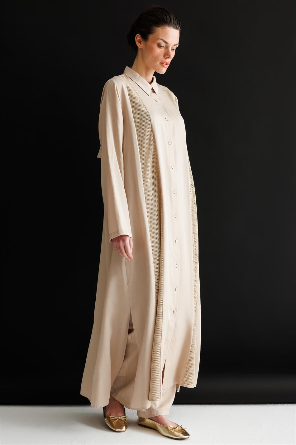 %100 Doğal LyoCEL Dökümlü Soft Hissiyat File Garni Aller Pelerin Maxi Tunik-Taş