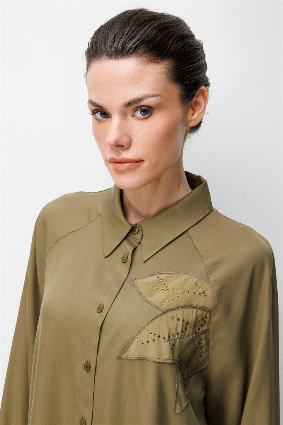 %100 Doğal LyoCEL Dökümlü Soft Hissiyat Flora Nakış ve Taş Detaylı Pantalon Kombin Takım-Haki