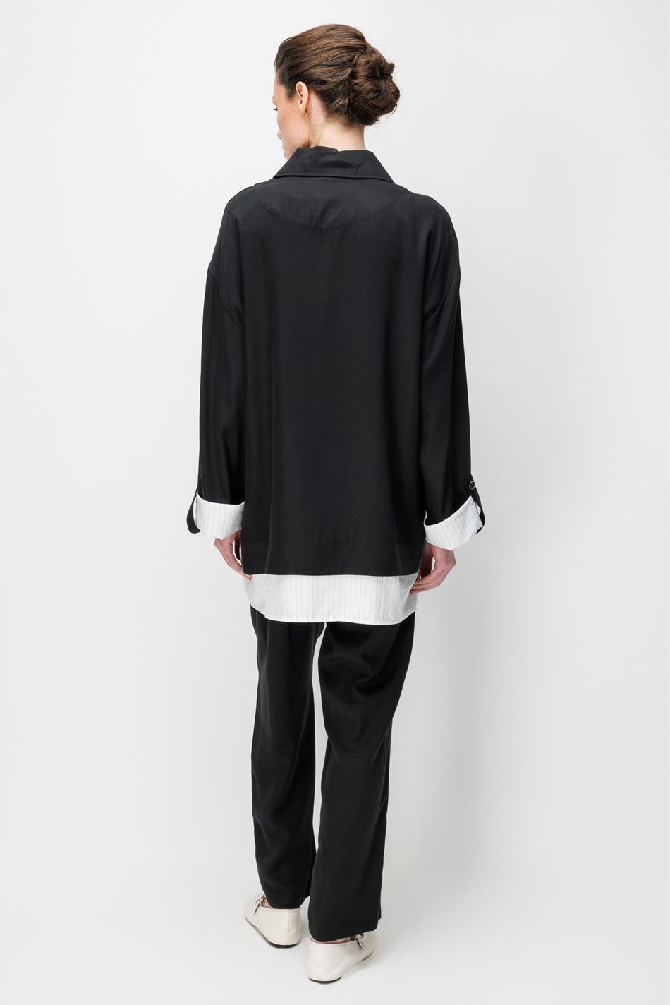 100% natuurlijke LyoCEL gedrapeerde, zachte broek met marineblauwe bies en bijpassende maxi-tuniek - Zwart