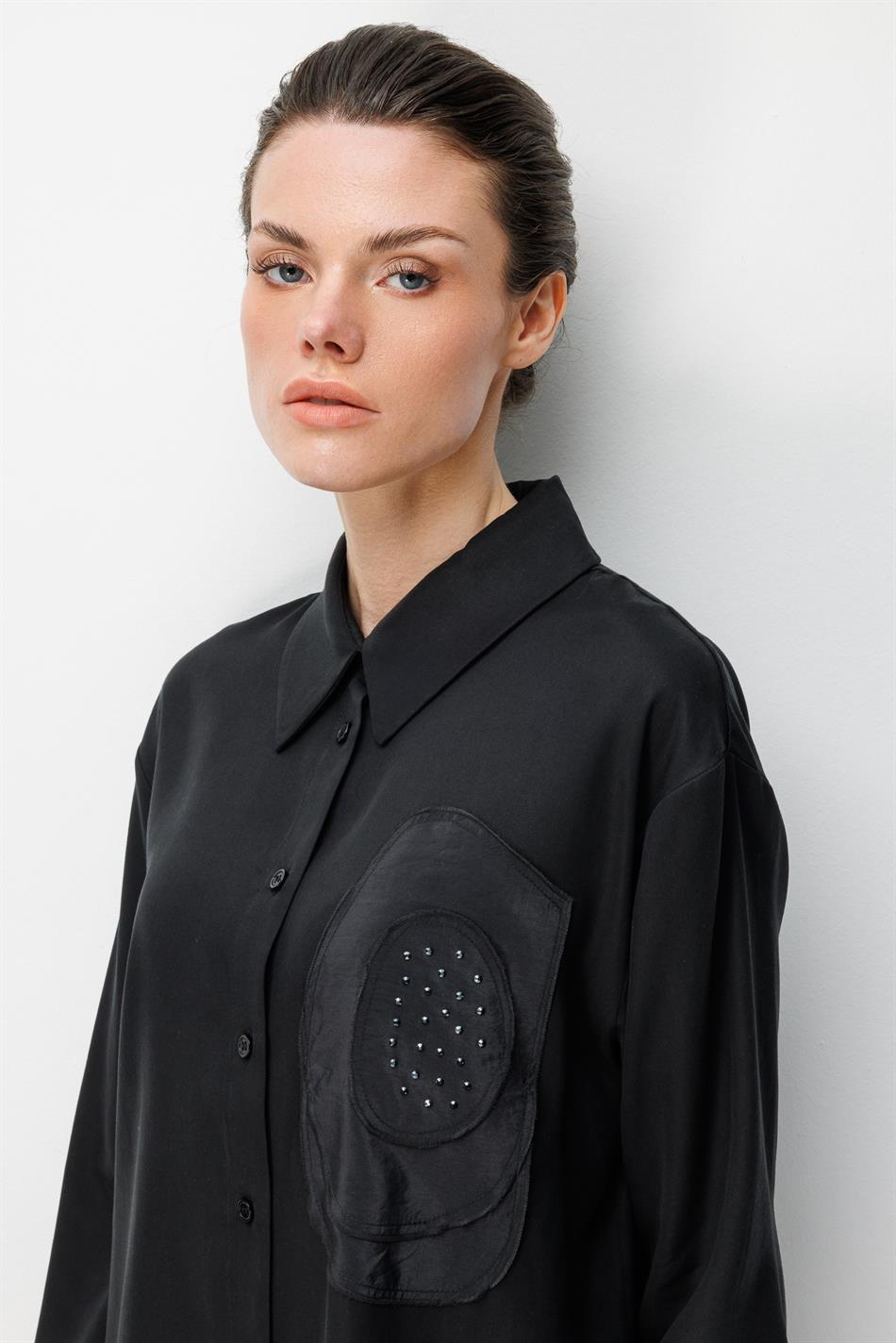 %100 Doğal LyoCEL Dökümlü Soft Hissiyat Rose Nakış ve Ta İşleme Pantolon ve Maxi Tunik Kombin Takım-Siyah