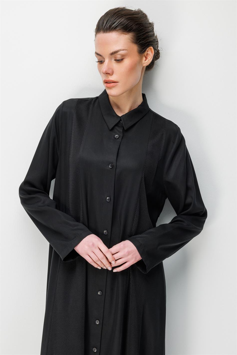 100% natuurlijke LyoCEL gedrapeerde, zachte mesh-versiering, cape/maxi-tuniek - zwart