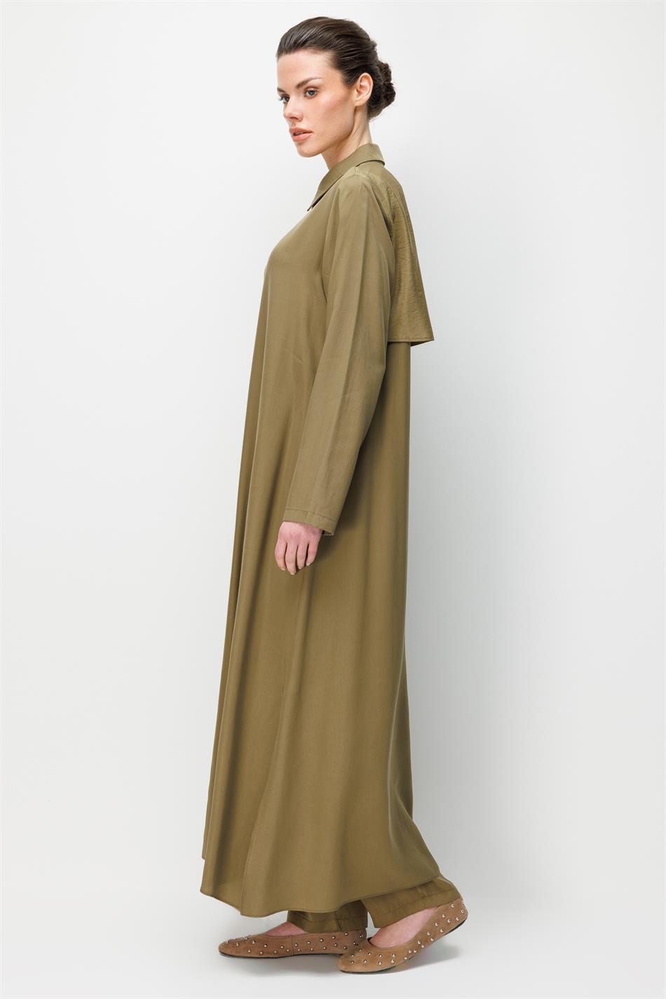 %100 Doğal LyoCEL Dökümlü Soft Hissiyat Aller Arka Pelerin Maxi Tunik-Haki