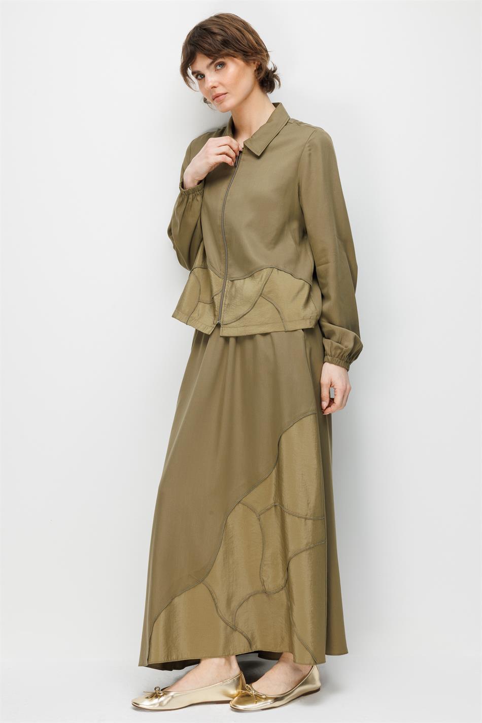 100% natuurlijke LyoCEL gedrapeerde, zachte, handgemaakte geborduurde rok en maxi-jas set - Khaki