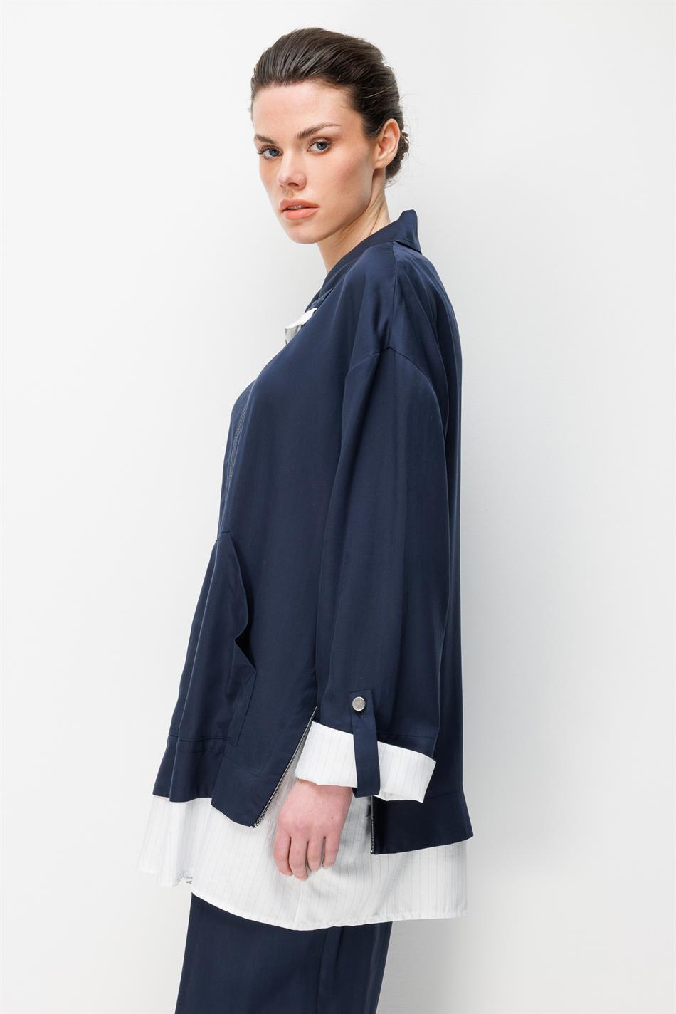 100% natuurlijke LyoCEL gedrapeerde, zachte stof, broek en maxi-tuniek met marineblauwe details - Marineblauw