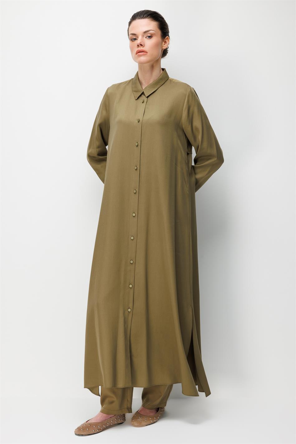 %100 Doğal LyoCEL Dökümlü Soft Hissiyat Aller Arka Pelerin Maxi Tunik-Haki