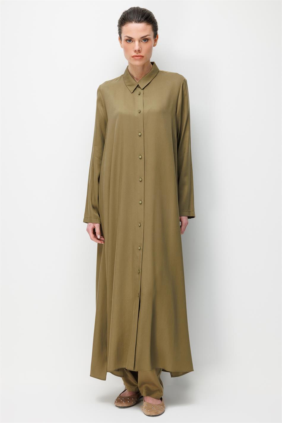 %100 Doğal LyoCEL Dökümlü Soft Hissiyat Aller Arka Pelerin Maxi Tunik-Haki