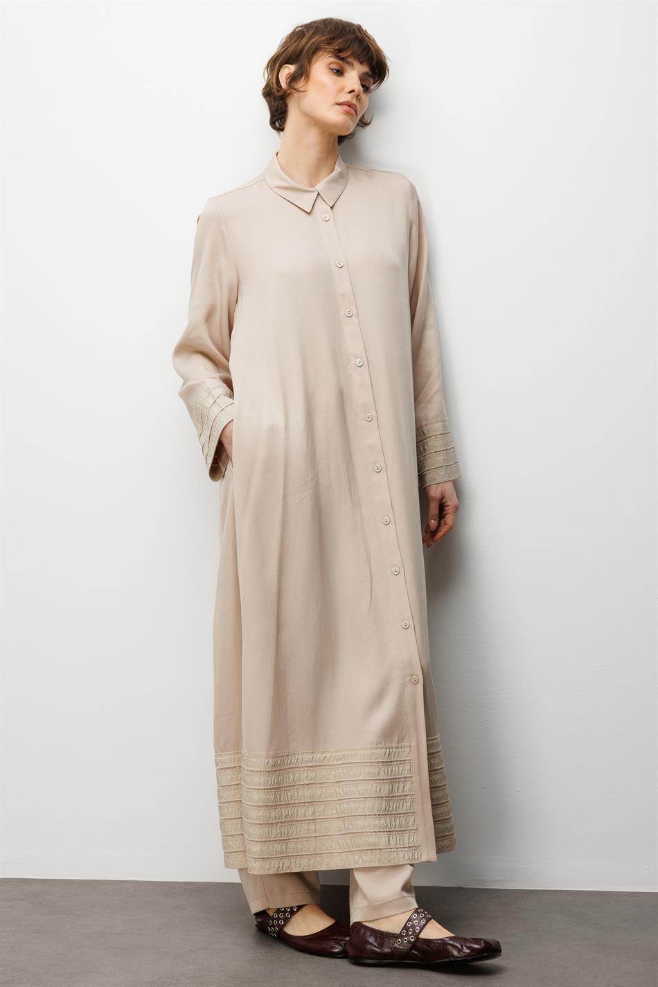 %100 Doğal LyoCEL ile Dökümlü Soft Hissiyat ve Elişi Bant Detaylı Ferace-Taş