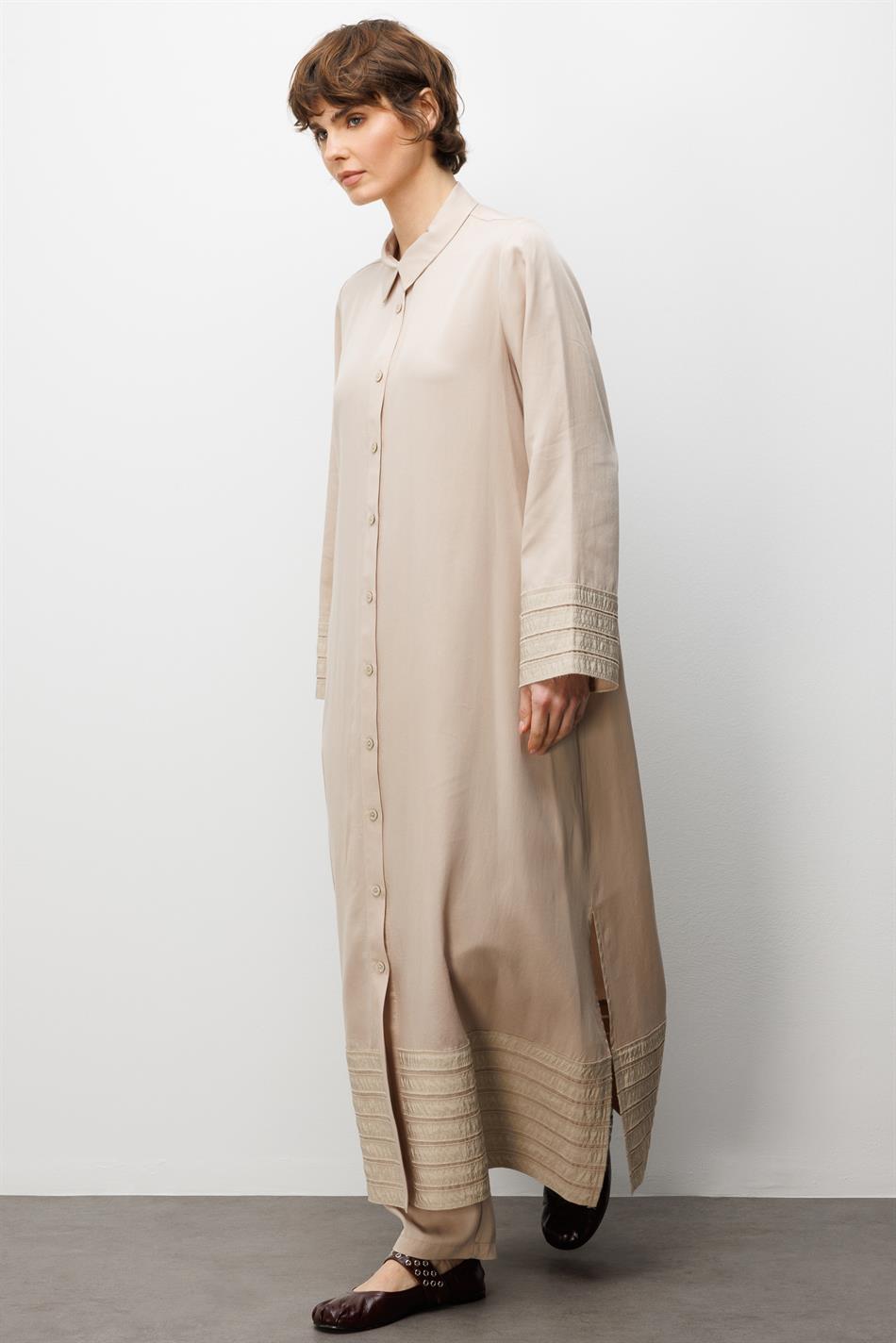 %100 Doğal LyoCEL ile Dökümlü Soft Hissiyat ve Elişi Bant Detaylı Ferace-Taş