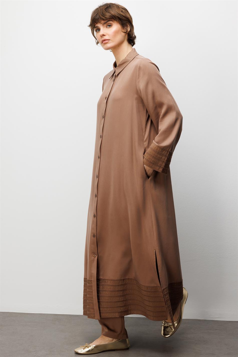 %100 Doğal LyoCEL ile Dökümlü Soft Hissiyat ve Elişi Bant Detaylı Ferace-Kahve