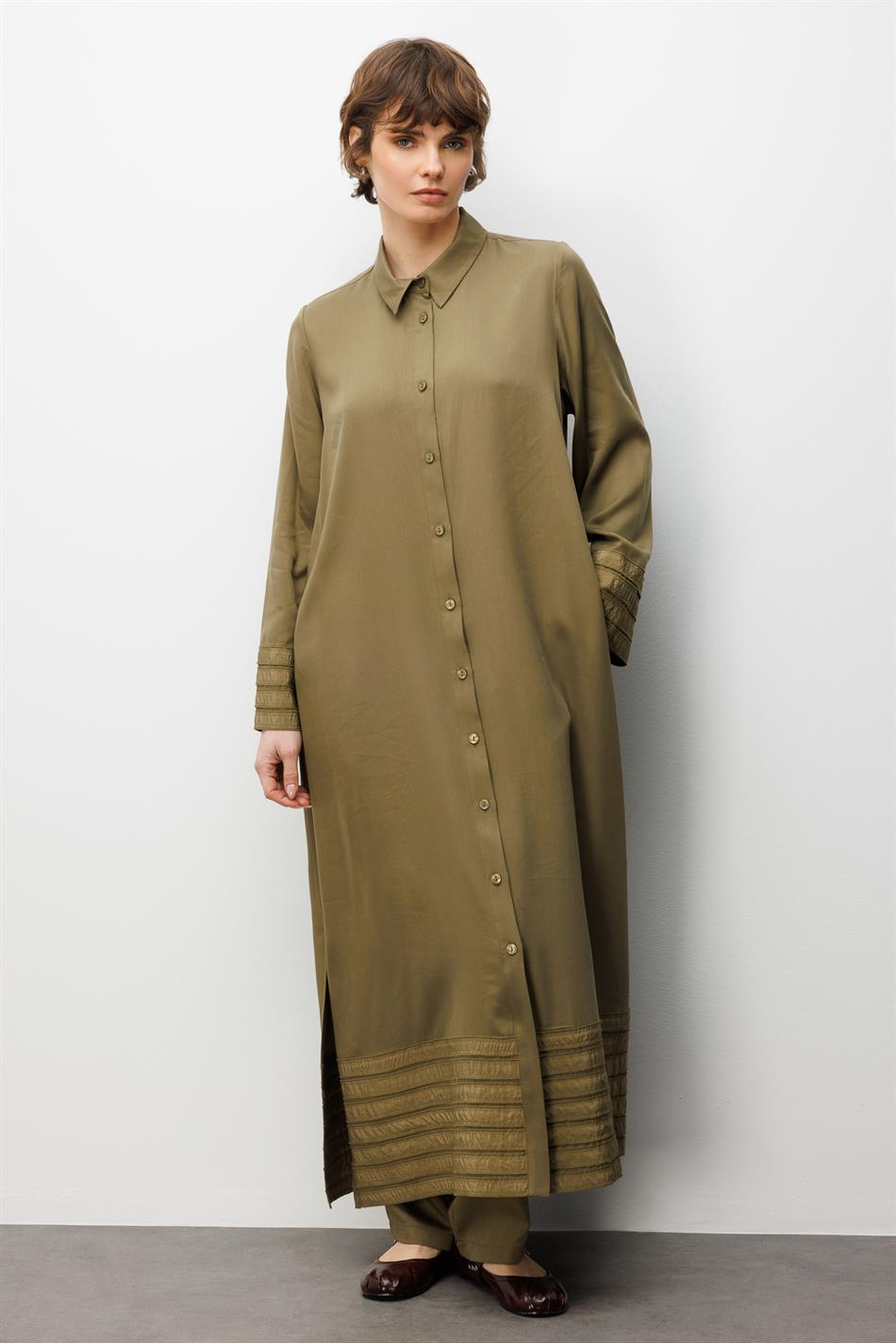 %100 Doğal LyoCEL ile Dökümlü Soft Hissiyat ve Elişi Bant Detaylı Ferace-Haki